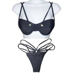 Tobi Women's Black Strappy Swimsuit Bikini Set Two-Piece Sz S (1173]